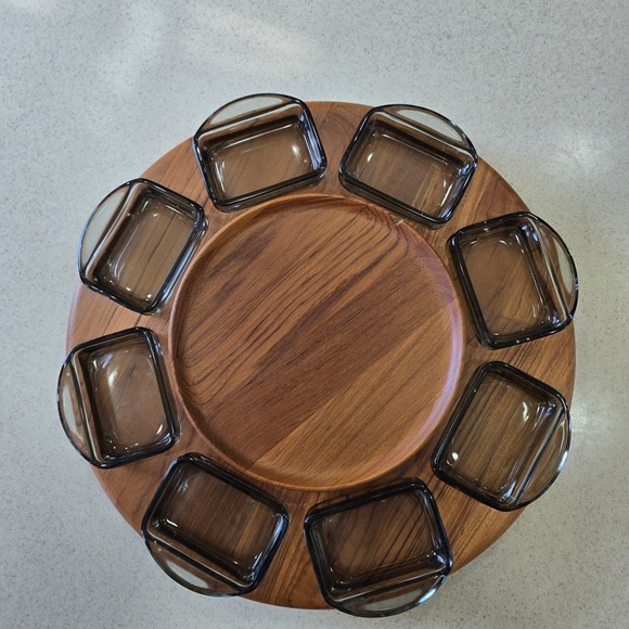 Digsmed Other - Digsmed Denmark Teak Lazy Susan 8 Smoked Glass Dishes Mid Century Modern
